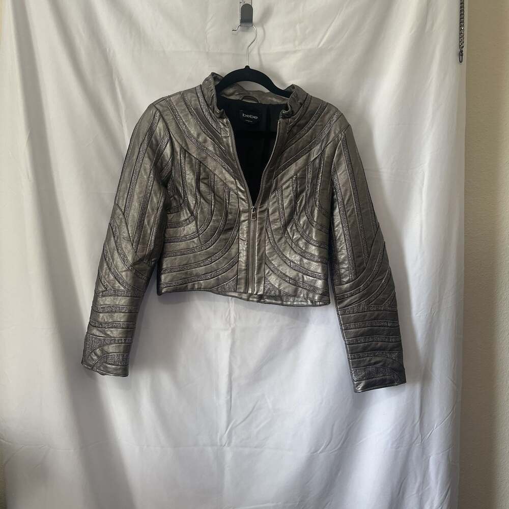 Bebe Silver Metallic Cropped Leather Jacket